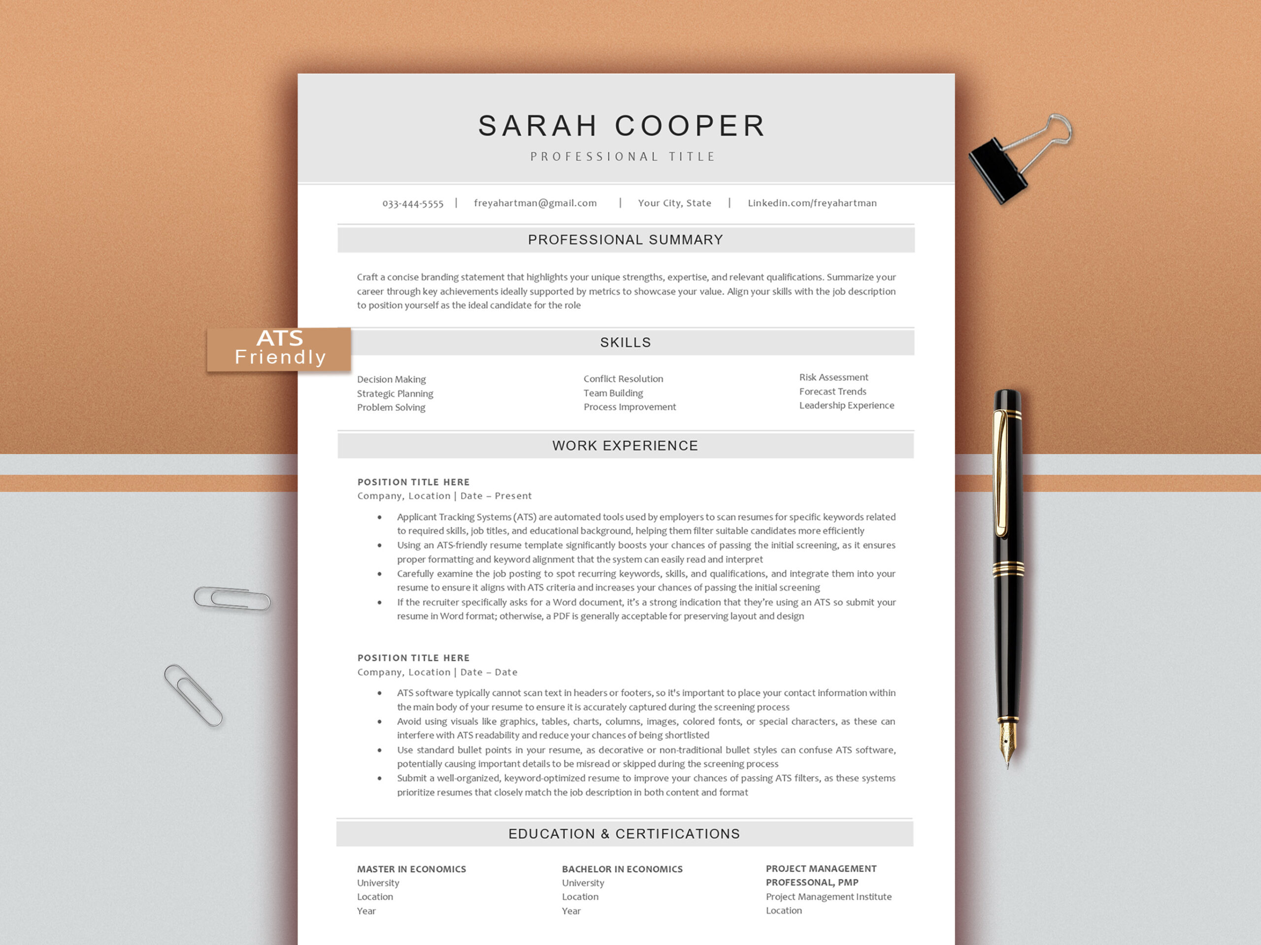 ATS Resume Template for Word & Pages, Modern CV Design (Digital Download)