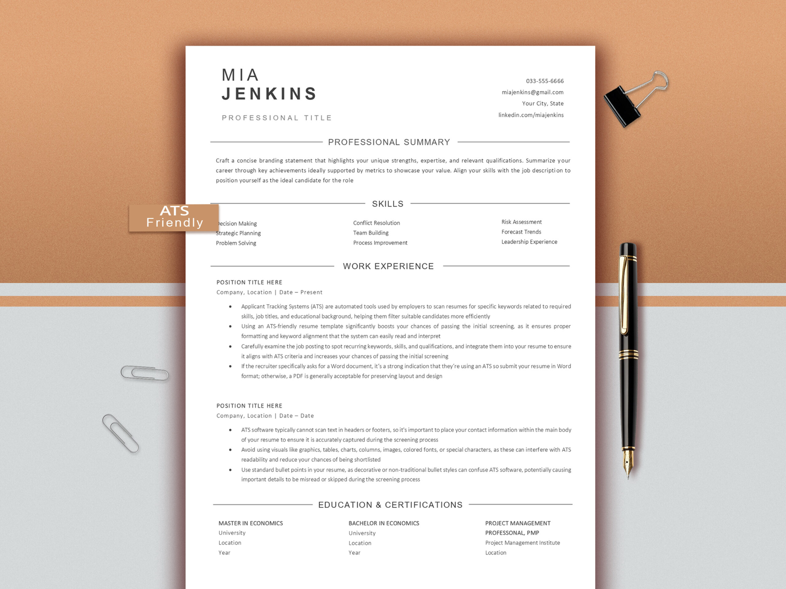 ATS Resume Template, Modern Minimalist Design (Word, Mac Pages)