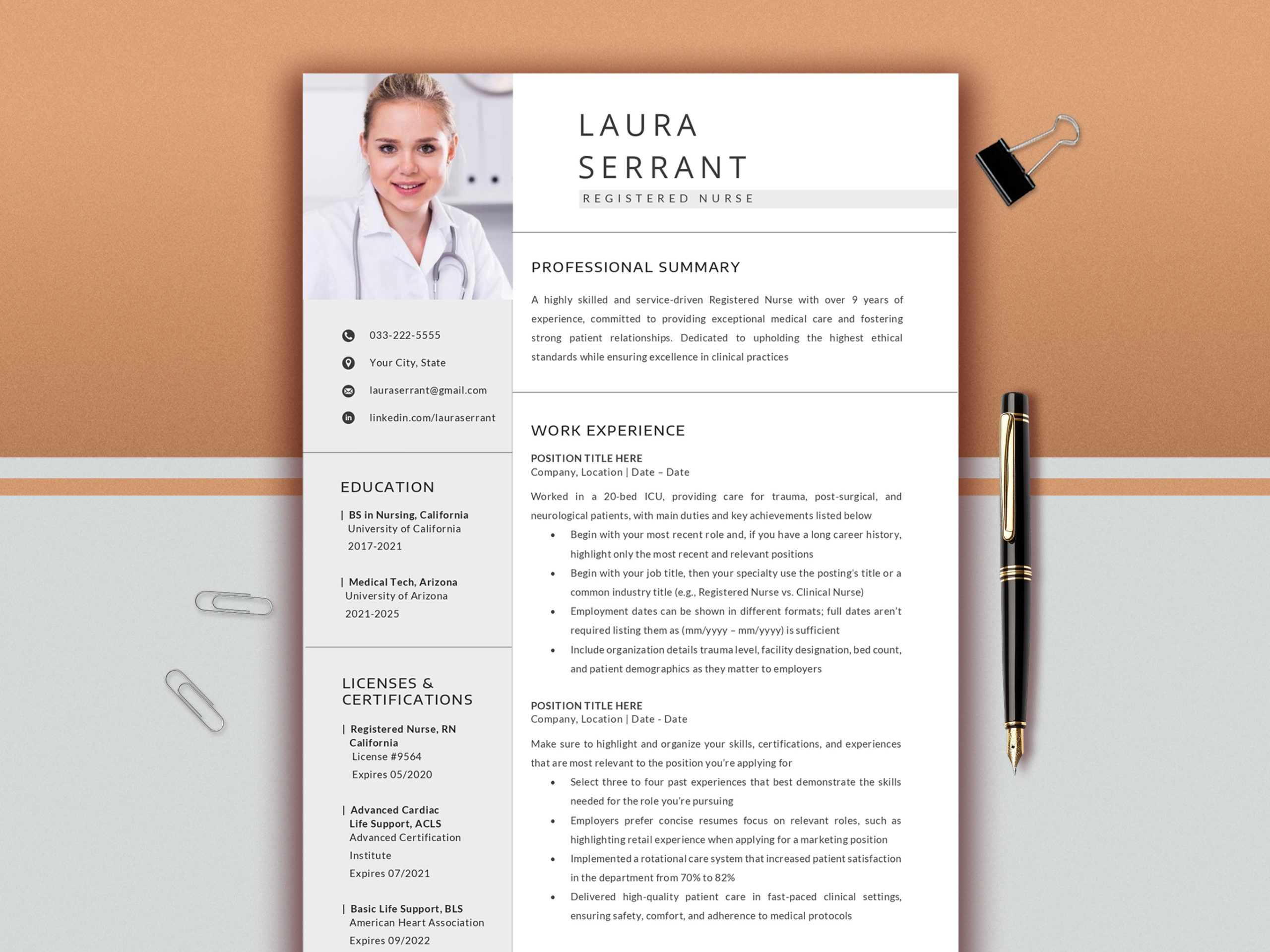 Nurse Resume Template, Modern Design, Cover Letter, References (Word & Pages)