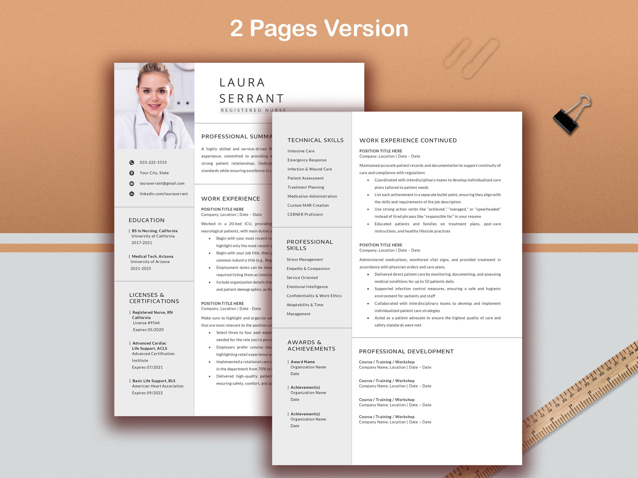 Nurse Resume Template, Modern Design, Cover Letter, References (Word & Pages)