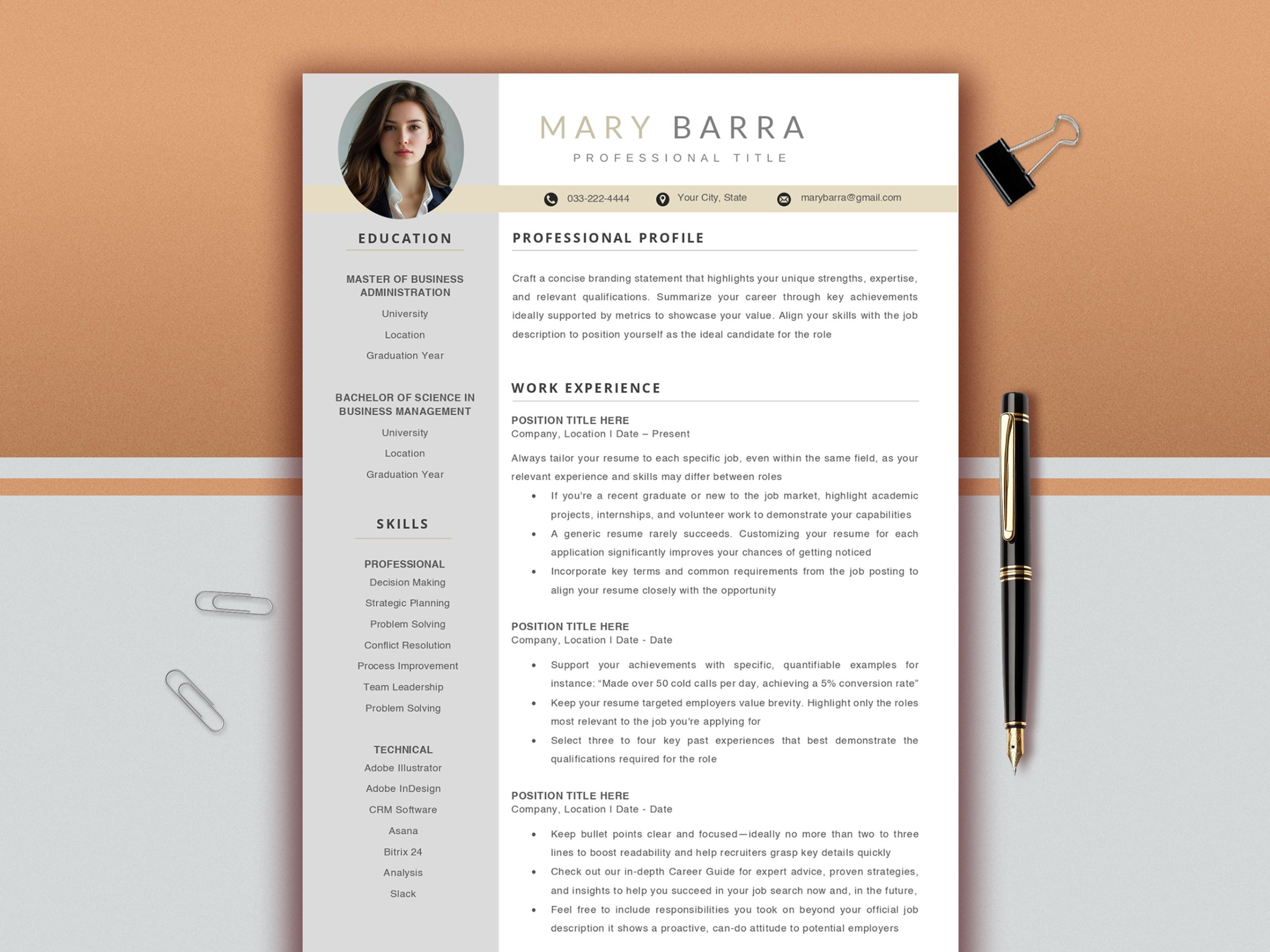 Executive Resume Template | Modern CV Design| Manager Director CV (Digital Download)