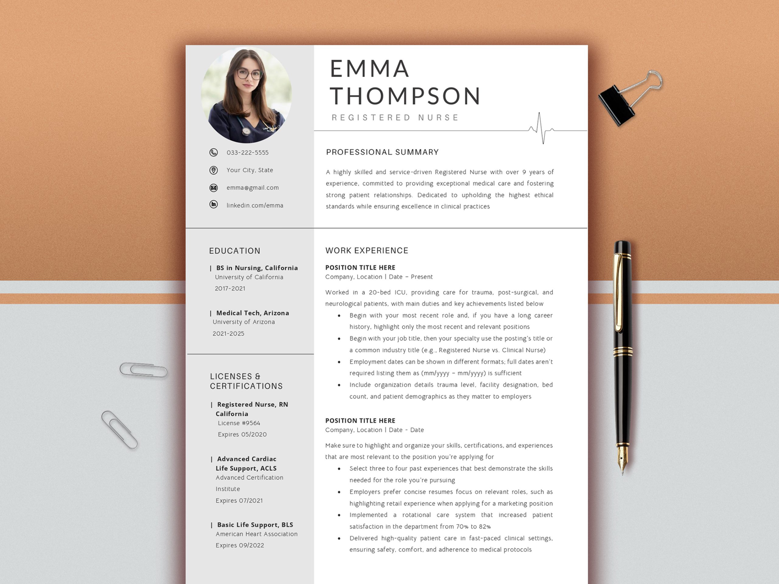 Nurse Resume Template | RN Resume Word & Mac Pages | Nursing CV Template | New Grad Nurse Resume | Editable Nursing Resume