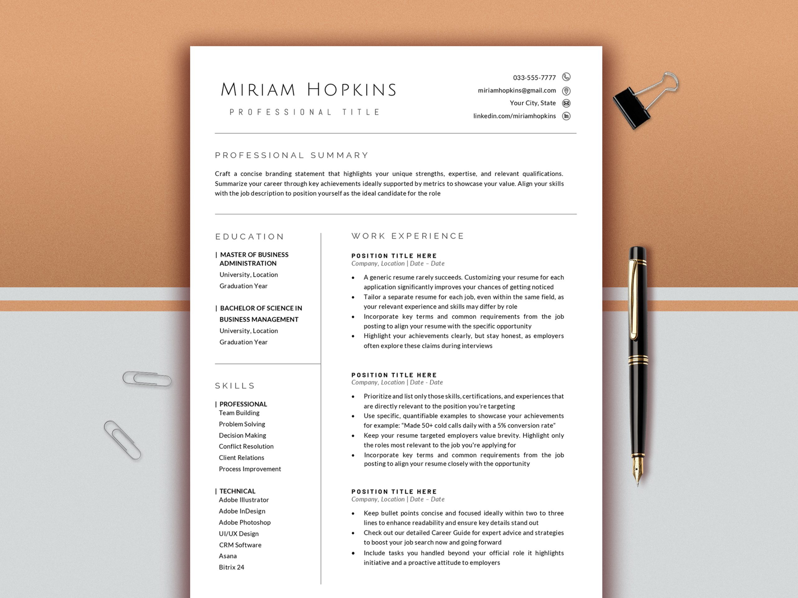 Minimalist Resume Template | Professional CV Template | Word & Apple Pages Resume | Modern Resume | 1 , 2 Page CV | Editable Resume