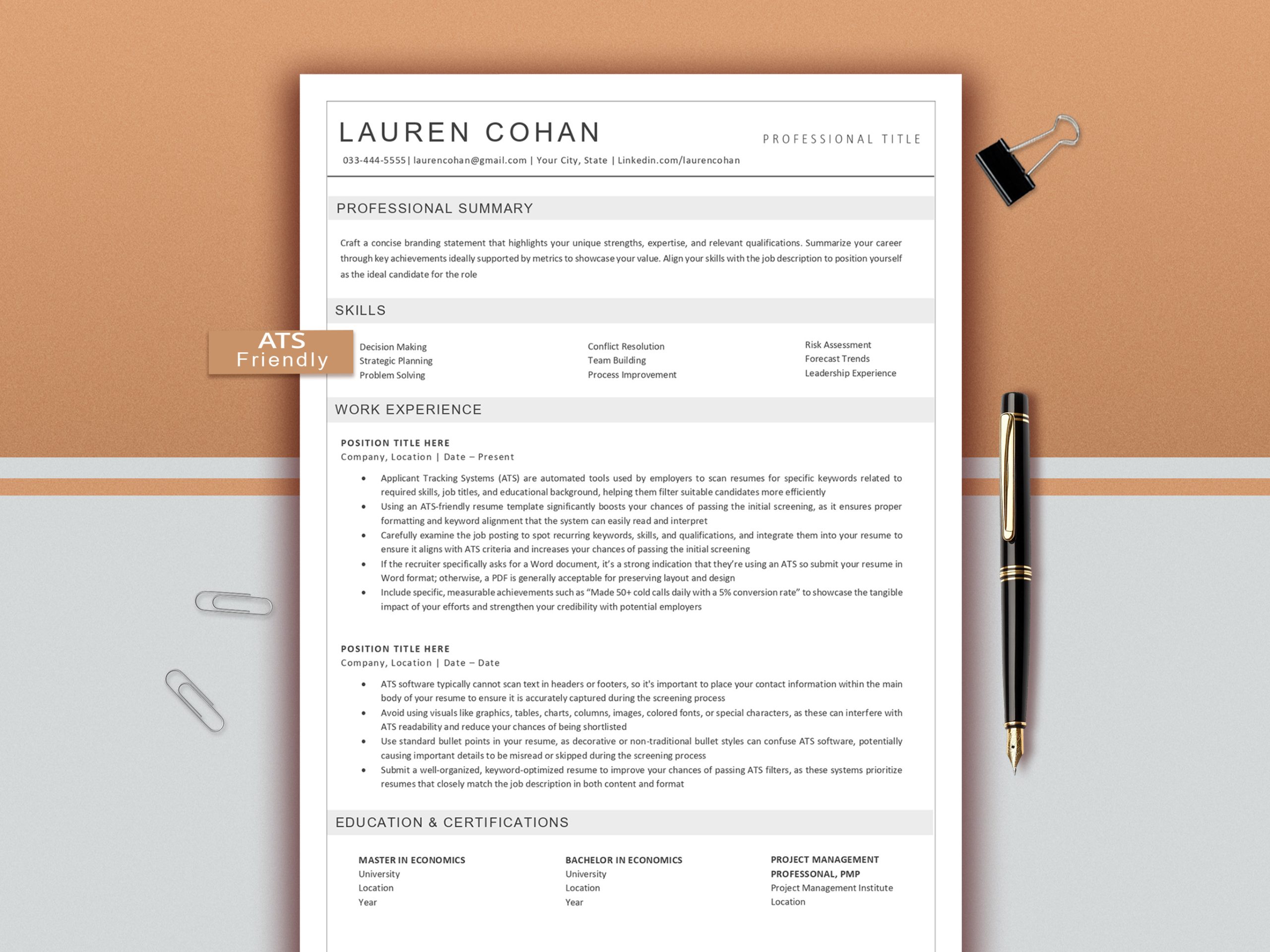 Professional ATS Resume Template | Word & Mac Pages Resume | Simple CV | Editable Resume | Cover Letter | Clean Modern Resume