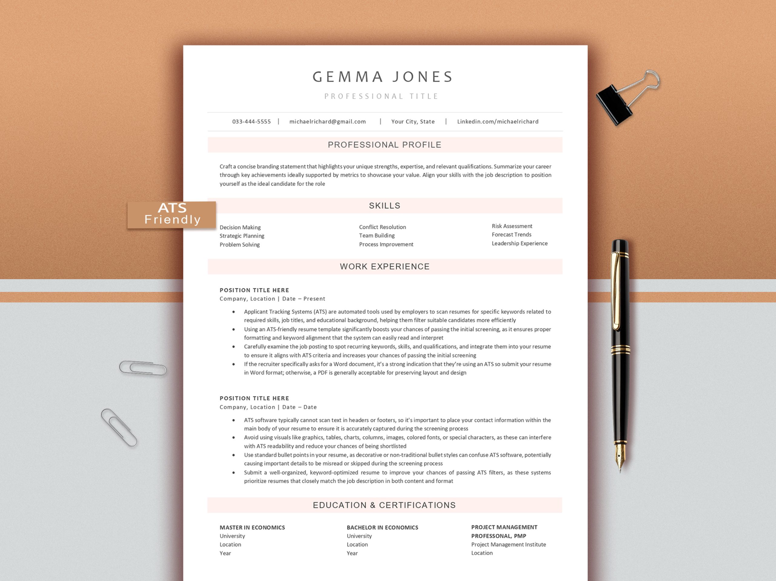 ATS Resume Template for Word, Pages, Simple Resume, Basic Resume (Digital Download)